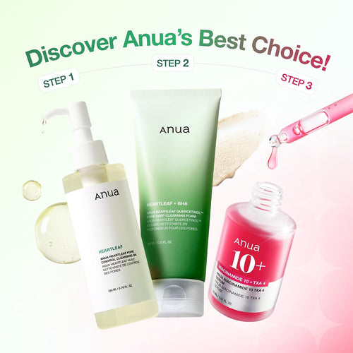 Anua 3-Step Glass Skin Beginner Kit | Oil Cleanser and Face Wash with Facial Serum, Double Cleansing Daily Routine with Niacinamide, Korean Skincare