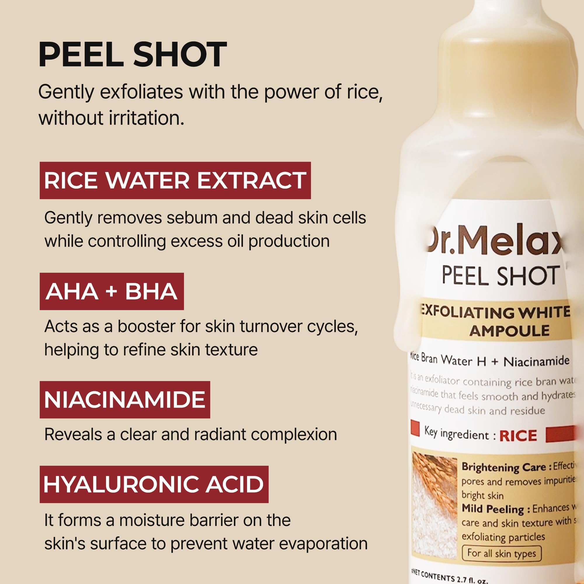 Dr.Melaxin Peel Shot Exfoliating Black Rice Ampoule 2.7 fl.oz - Rice Water AHA BHA Niacinamide Serum for Dead Skin Cells, Blackheads and Pores, Glass Skin Glow, Korean Skin Care Exfoliant