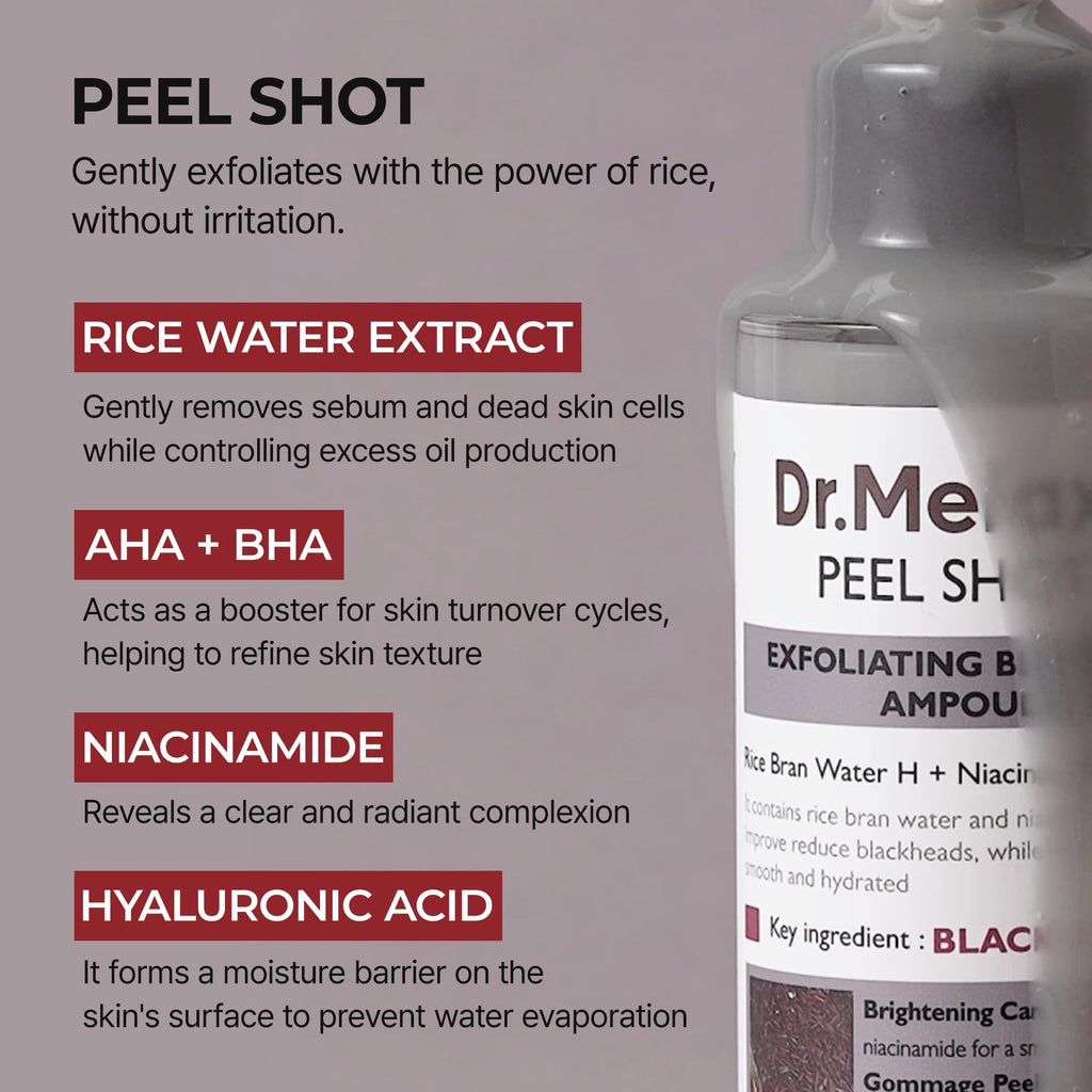 Dr.Melaxin Peel Shot Exfoliating Black Rice Ampoule 2.7 fl.oz - Rice Water AHA BHA Niacinamide Serum for Dead Skin Cells, Blackheads and Pores, Glass Skin Glow, Korean Skin Care Exfoliant