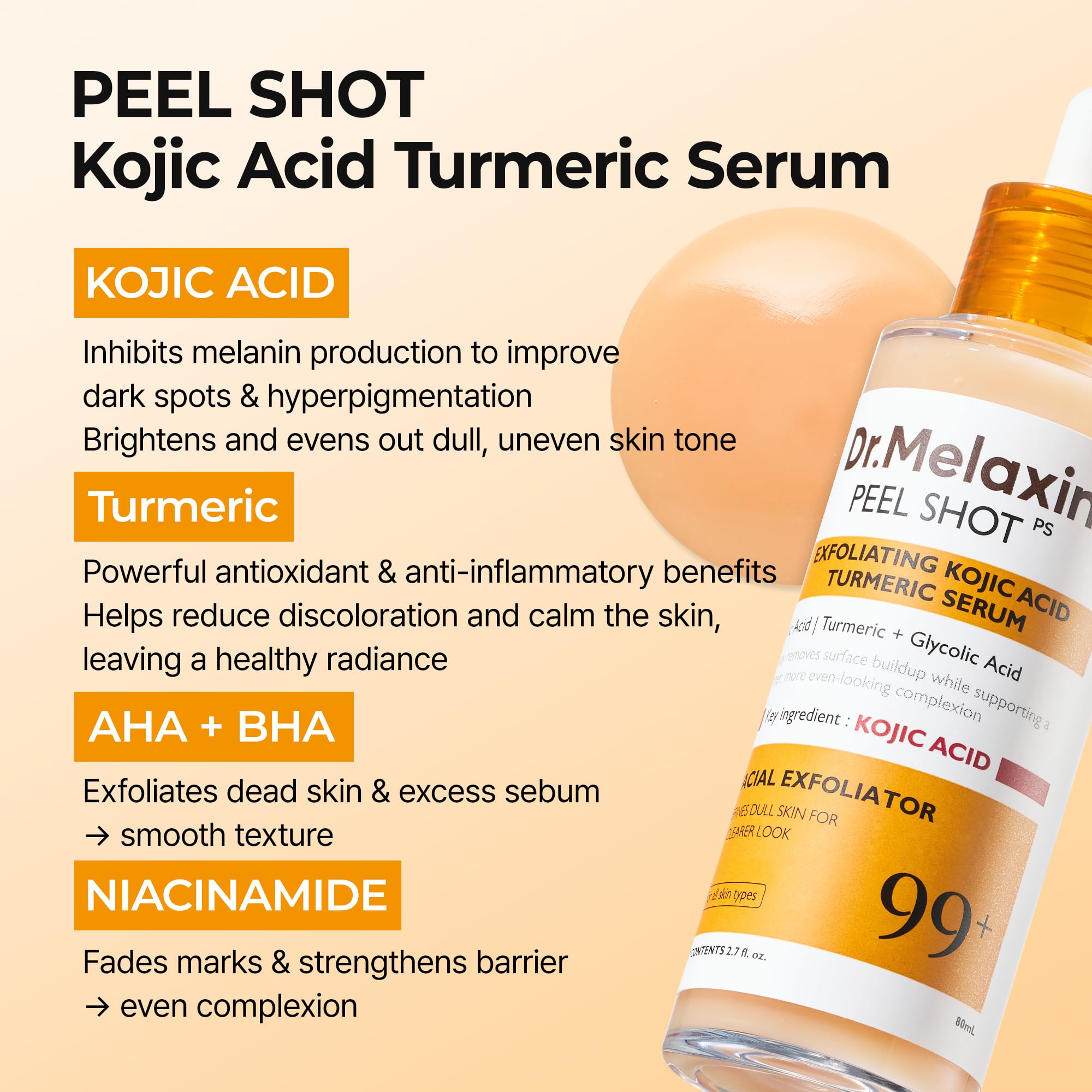 Dr.Melaxin Peel Shot Exfoliating Black Rice Ampoule 2.7 fl.oz - Rice Water AHA BHA Niacinamide Serum for Dead Skin Cells, Blackheads and Pores, Glass Skin Glow, Korean Skin Care Exfoliant