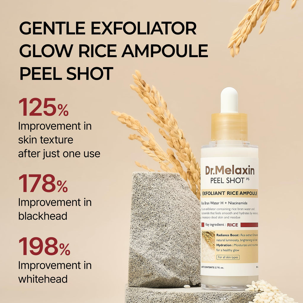 Dr.Melaxin Peel Shot Exfoliating Black Rice Ampoule 2.7 fl.oz - Rice Water AHA BHA Niacinamide Serum for Dead Skin Cells, Blackheads and Pores, Glass Skin Glow, Korean Skin Care Exfoliant