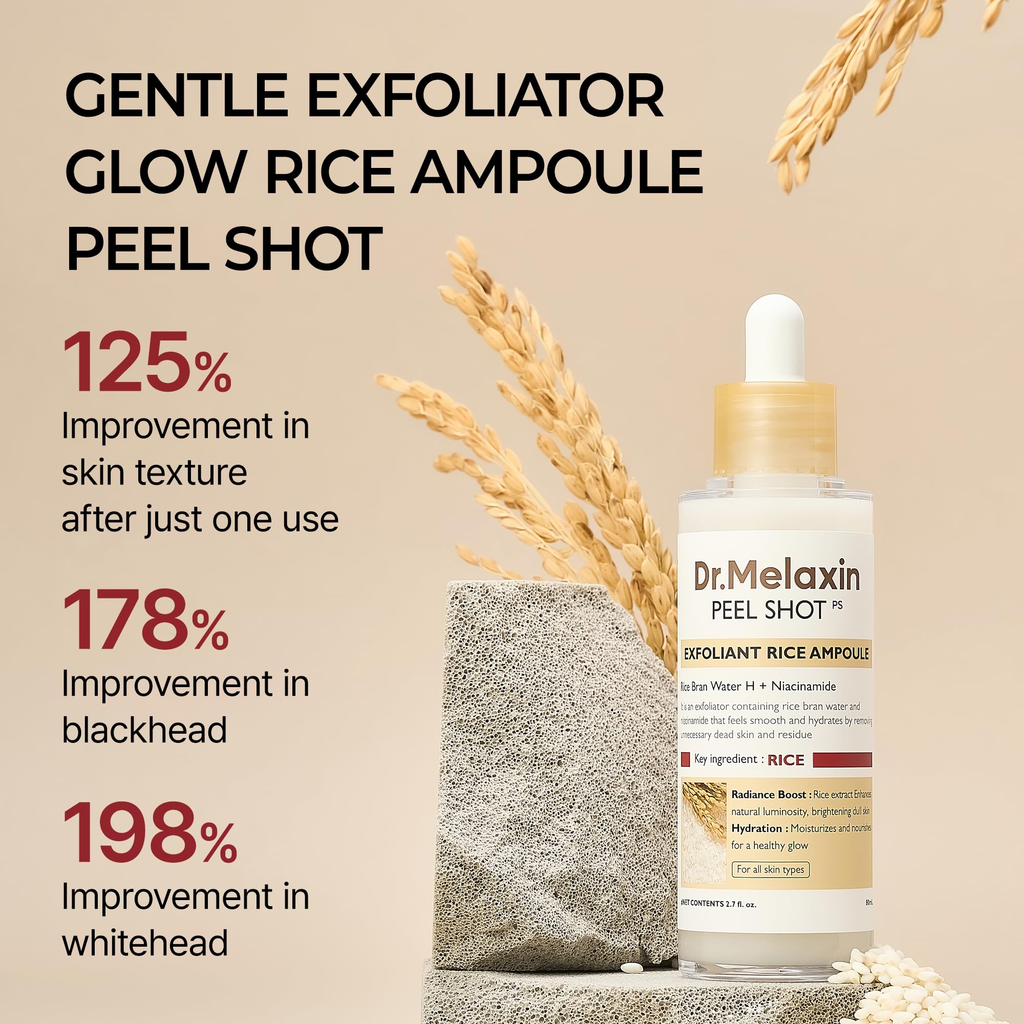 Dr.Melaxin Peel Shot Exfoliating Black Rice Ampoule 2.7 fl.oz - Rice Water AHA BHA Niacinamide Serum for Dead Skin Cells, Blackheads and Pores, Glass Skin Glow, Korean Skin Care Exfoliant